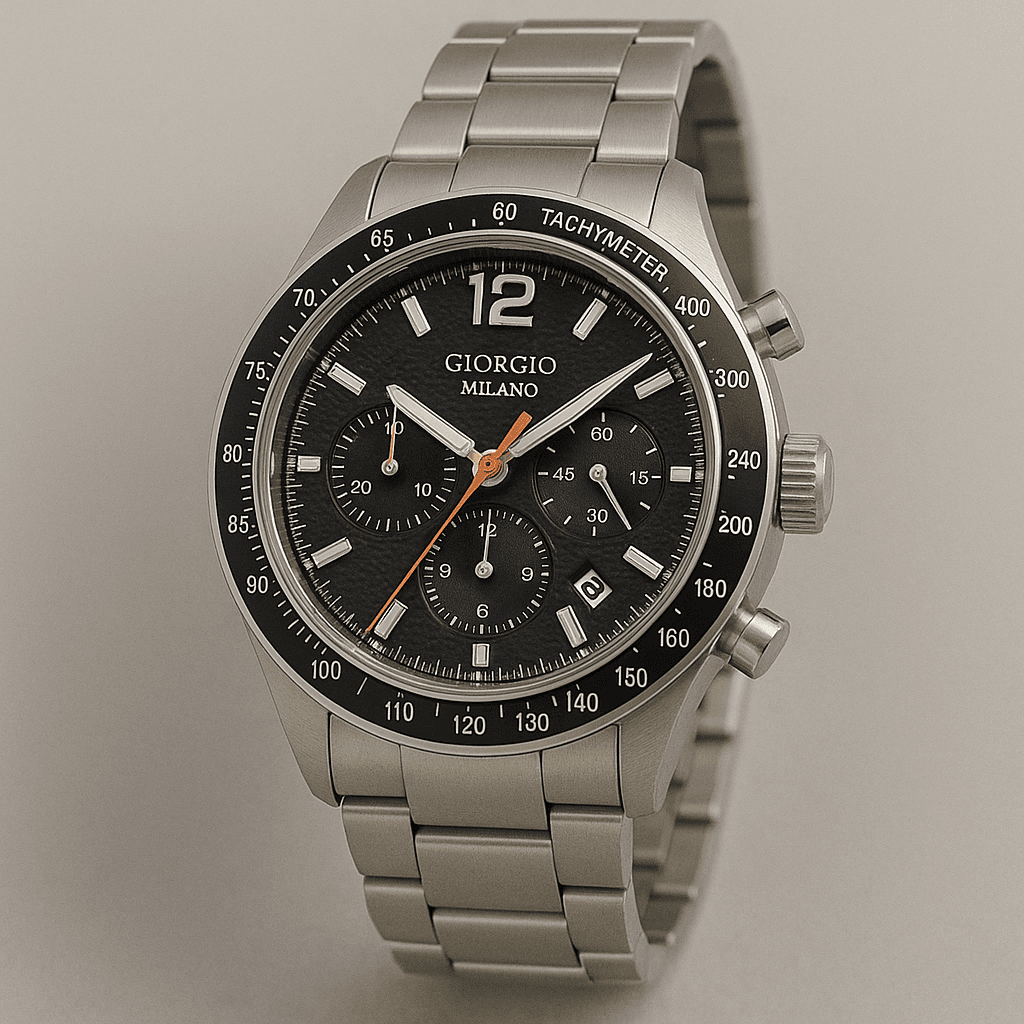 Silver Chronograph Watch with Black Dial